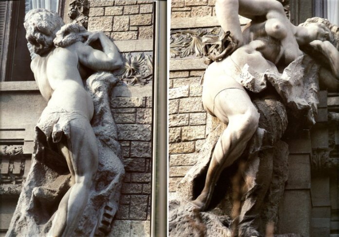 Collage fotografico: statue rimosse da Palazzo Castiglioni, Milano. Entrambe le state sono state inserite nel prospetto laterale della Villa Luigi Faccanoni, in via Buonarroti a Milano (oggi clinica Columbus).