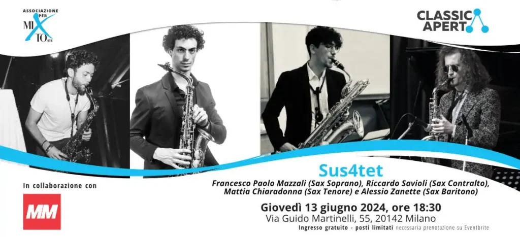 ClassicAperta concerto gratuito del quartetto di sassofoni Sus4tet a Milano