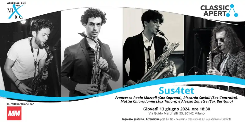 ClassicAperta torna a Milano: concerto gratuito del quartetto di sassofoni Sus4tet