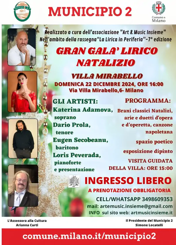 Concerto di Natale 2024 a Milano: Gran Gala Lirico gratuito a Villa Mirabello