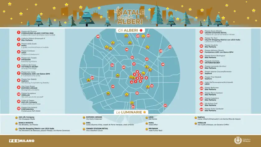 mappa degli alberi di Natale 2024 a Milano, con gli sponsor